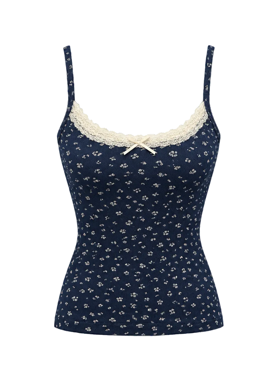 A navy blue camisole top with a small white floral print, featuring cream lace trim along the scoop neckline and a matching cream bow at the center front, displayed on a light gray background.